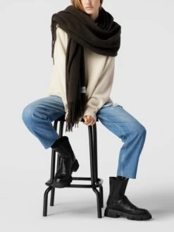 Marc O'Polo Schal Mit Label-Patch Modell 'Fransen' - Dunkelbraun